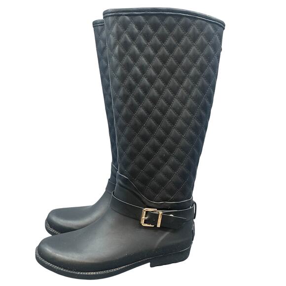 Guess Rain Boots & Quilted Black Gold Trim Tall Outdoorsy Riding Western Preppy - Picture 3 of 16